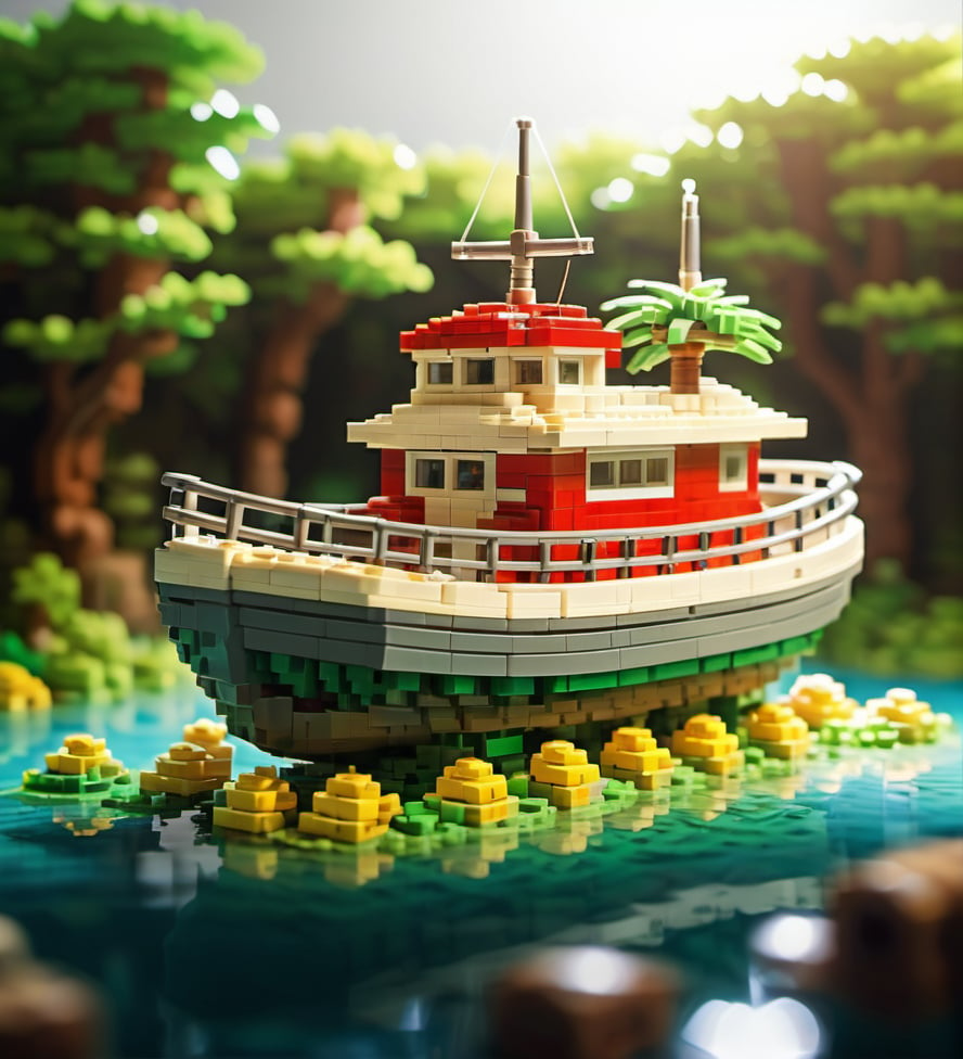 Lego pixel art,lego,boat,forest,river,water,sunlight,trees,greenery,miniature,model,toy,intricate,detailed,vibrant colors,outdoors,nature,close-up,artistic,serene,craftsmanship,tropical,nautical,adventure,creative,diorama,hobby,relaxing,scene,composition,plastic blocks,ship,<lora:微型像素-000009:0.6>,