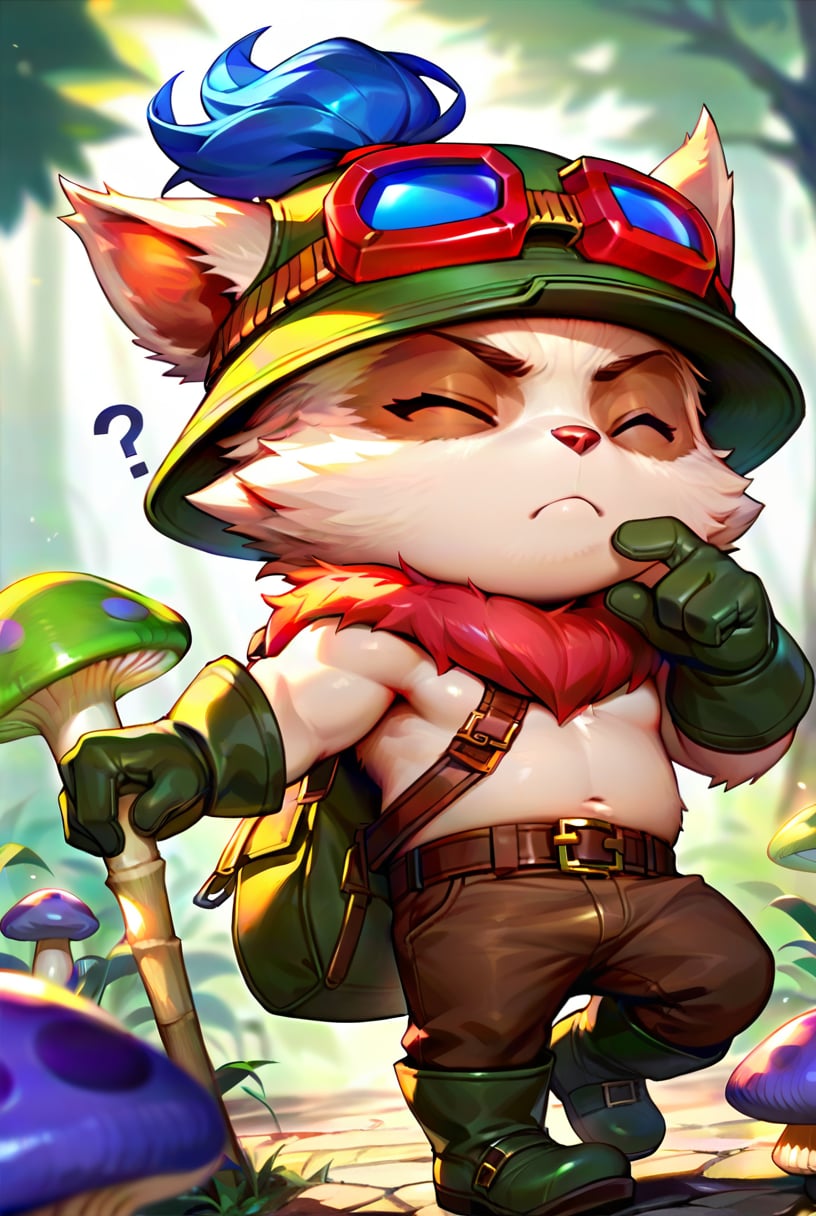 score_9, score_8_up, score_7_up, t33mo, score_9, source_anime, teemo, hat, closed eyes, 1boy, furry, yordle, male focus, goggles, goggles on headwear, brown pants, pants, belt, boots, gloves, green headwear, bag, furry male, mushroom, <lora:Teemo_default_v1:0.75>, confused, stroking own chin