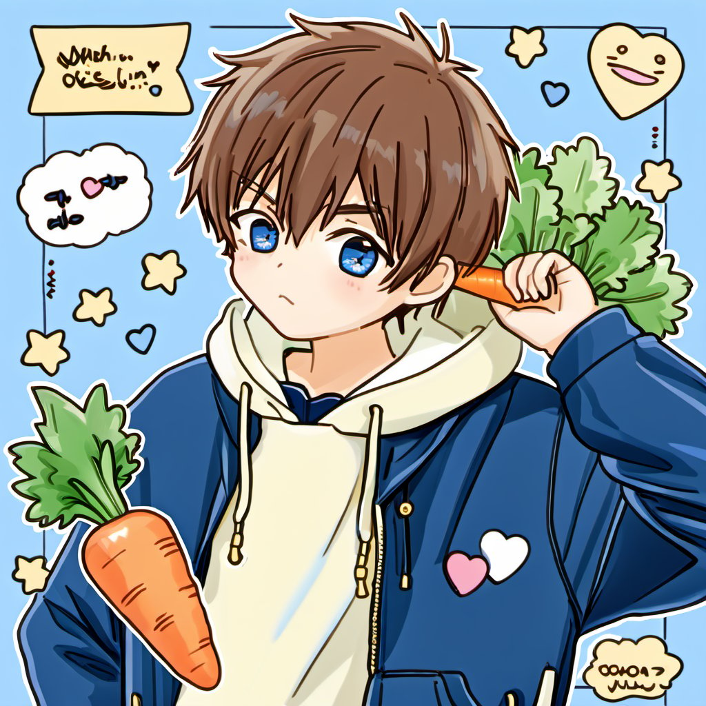 <lora:cartoon_stickers_xl_v1:0.9>,a man with a carrot and a cat on his shoulder and a cartoon character holding a carrot in his hand, looking_at_viewer, blush, short_hair, blue_eyes, brown_hair, long_sleeves, 1boy, holding, jacket, male_focus, heart, hood, bag, star_\(symbol\), hoodie, blue_jacket, carrot, male_child, solo, english_text