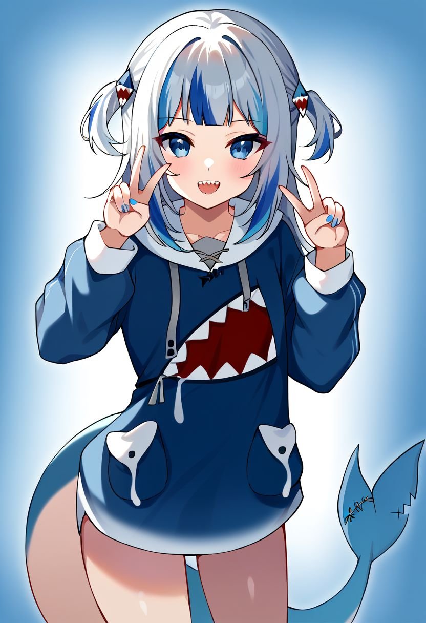 Gawr_Gura, 1girl, solo, blue_eyes, blue_hair, grey_hair, streaked_hair, medium_hair, blunt_bangs, two_side_up, shark_tail, double_v,