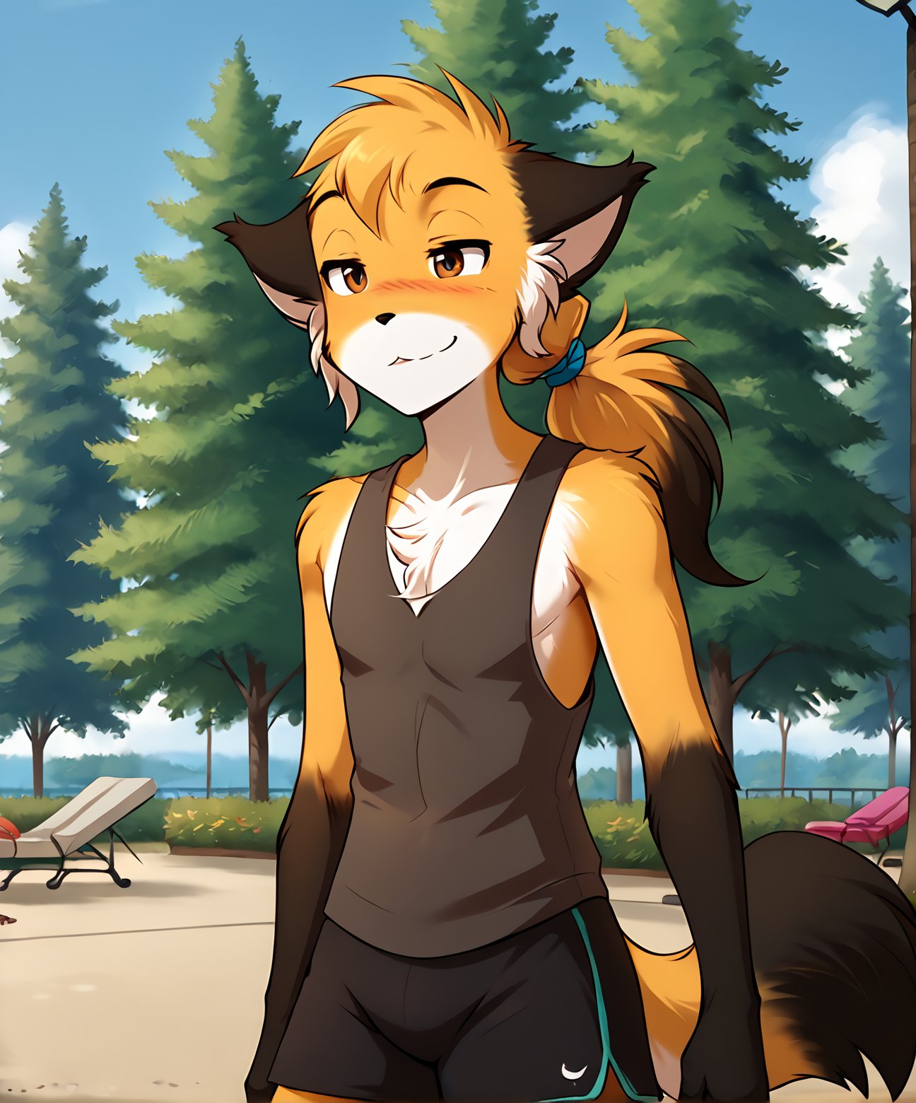 score_9, score_8_up, score_7_up,score_6_up,score_5_up, source_furryBREAKsolo, furry male anthro, medium hair, ponytail, flat chest, (blushing, seductive, smug), tank top, gym shorts, (outdoors, park), upper body shotBREAK<lora:Mike-Twokinds-SDXL-AnonTK-V1-000012:1>, mike-twokinds, keidran, mammal, fox tail, brown eyes