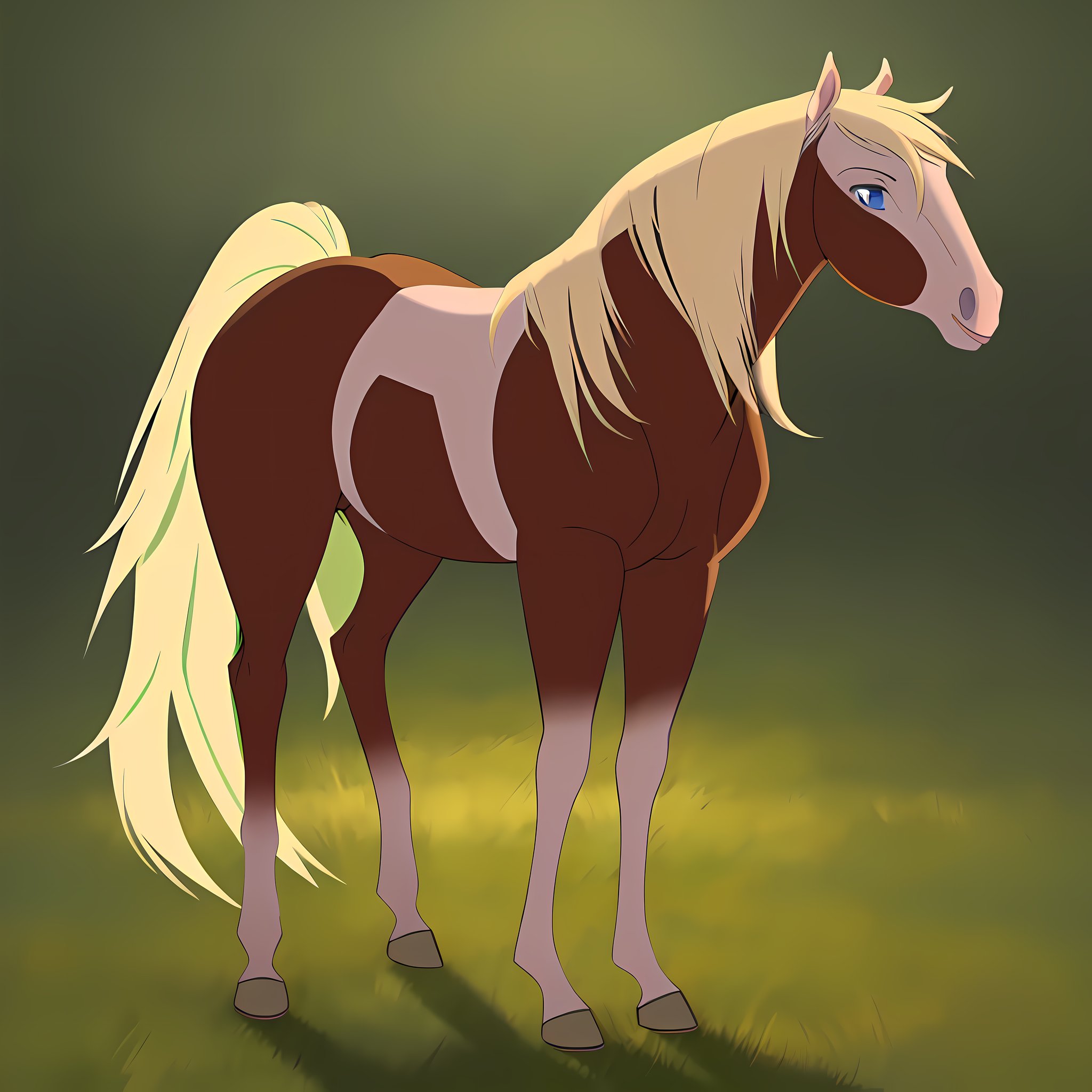 1horse, sorrel tovero paint horse with a roman nose, a pale blonde mane and tail, and crystal blue eyes, with eagle feather in her mane, (best quality, masterpiece), (one color background), (dark green background), (((fur))), (flat background),  <lora:rain_from_spirit2002:0.7>, full body, 3d