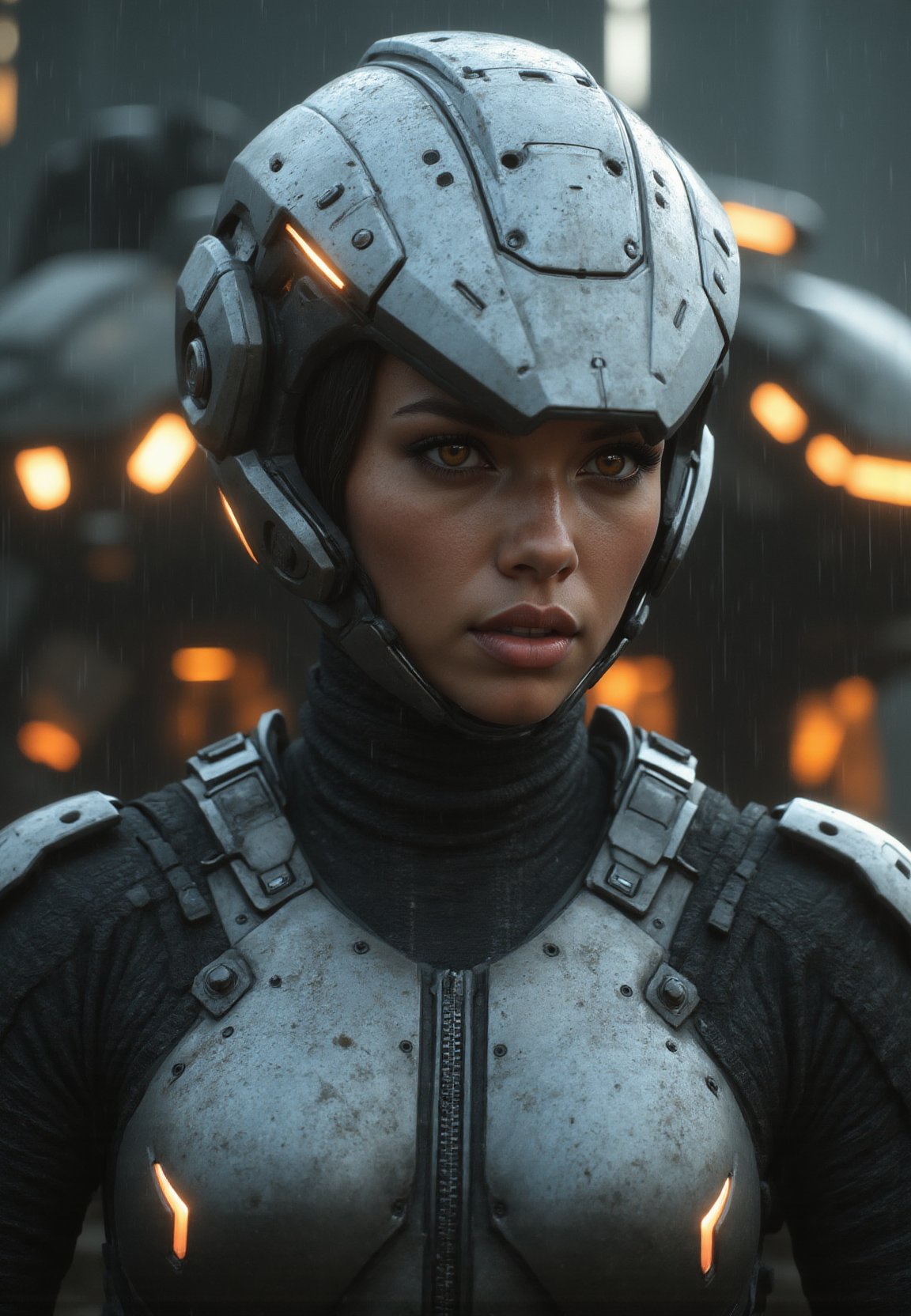 cinematic film still portrait of a solo female mech pilot standing in front of her (large combat mech:1.3), scifi armor, military base, heavy rain, full scifi helmet, visor, detailed eyes, dry skin, skin fuzz, visible skin hair, skin blemishes,, shallow depth of field, vignette, highly detailed, high budget Hollywood film, bokeh, cinemascope, moody, epic, gorgeous, film grain ,caldariflux