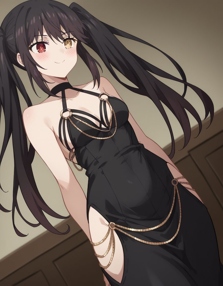 score_9, score_8_up, score_7_up, source_anime, kurumitokisaki, <lora:kurumi-tokisaki-s4s5-ponyxl-lora-nochekaiser:1>, kurumi tokisaki, black hair, red eyes, long hair, twintails, yellow eyes, heterochromia, clock eyes,, <lora:madokawa-dress-ponyxl-lora-nochekaiser:1>, modakawa dress, gold chain, tight dress, hip vent, low neckline, criss-cross back-straps, taut dress, evening gown, o-ring dress, black dress, backless dress,, indoors, smile, blush,, cowboy shot, dutch angle,