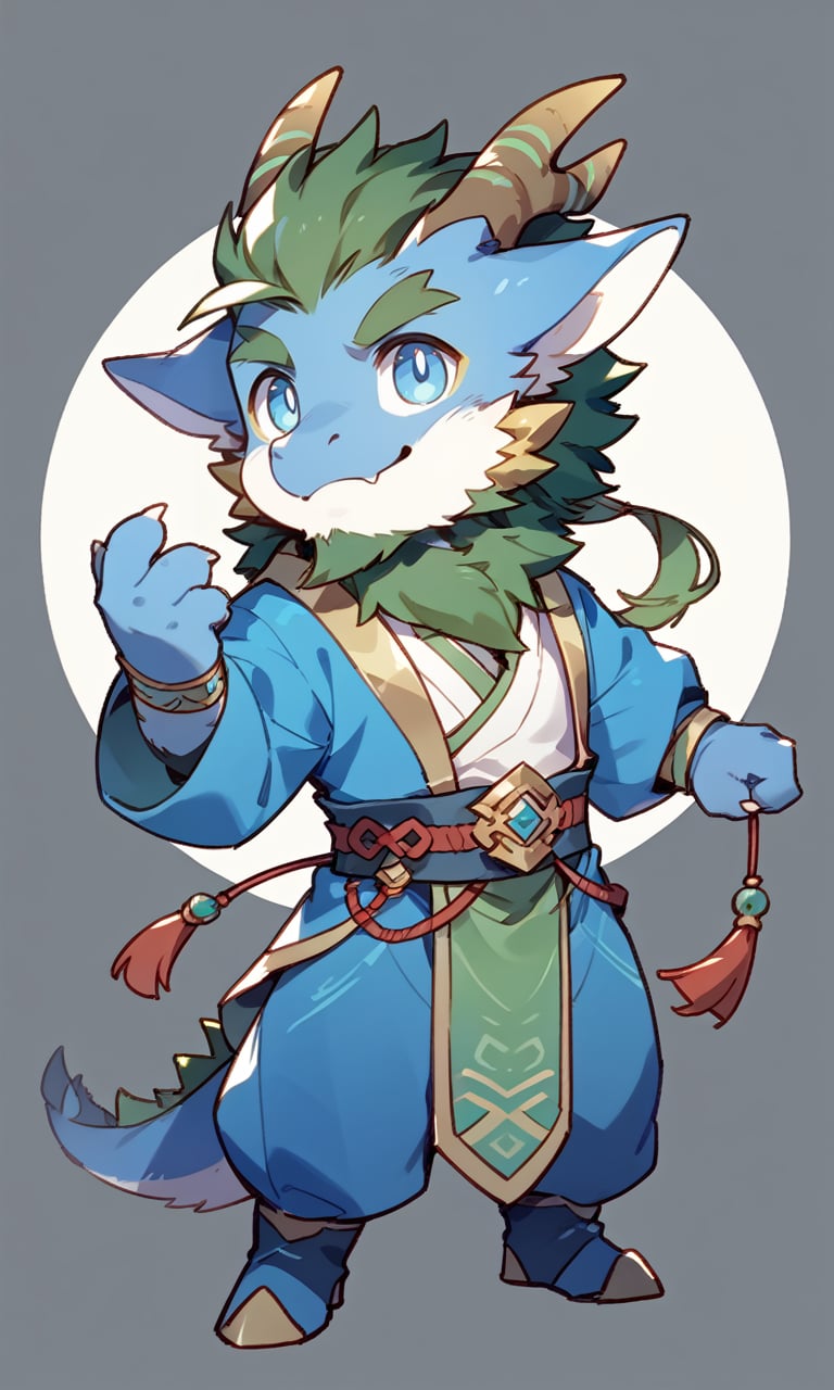 score_9,score_8_up,score_7_up,score_6_up,score_5_up,score_4_up,han fu,chibi,cute,mo lei,anthro,dragon,Look up,solo,full body,green beard,clothing cord,Blue body,furred dragon,golden horn,Dark green hair,green eyebrows,neck tuft,Small animal ears,white inner ear,sharp cheek spines,blue eyes,black pupils,white jaw,golden eye rings,<lora:Mo lei_2_XL_Pony-000006:0.8>, <lora:Hanfu_XL_Pony_1-000012:1>