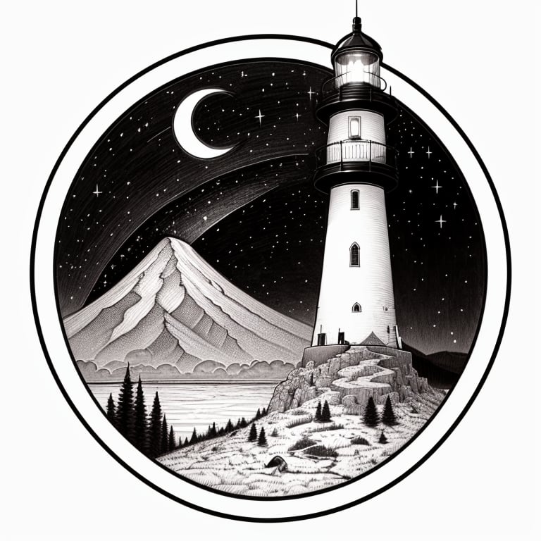 <lora:MinTattoo15-000031:1>, drawing of a minimalist landscape tattoo, cloud, night sky, scenery, starry sky, mountain, crescent moon, lighthouse, circle