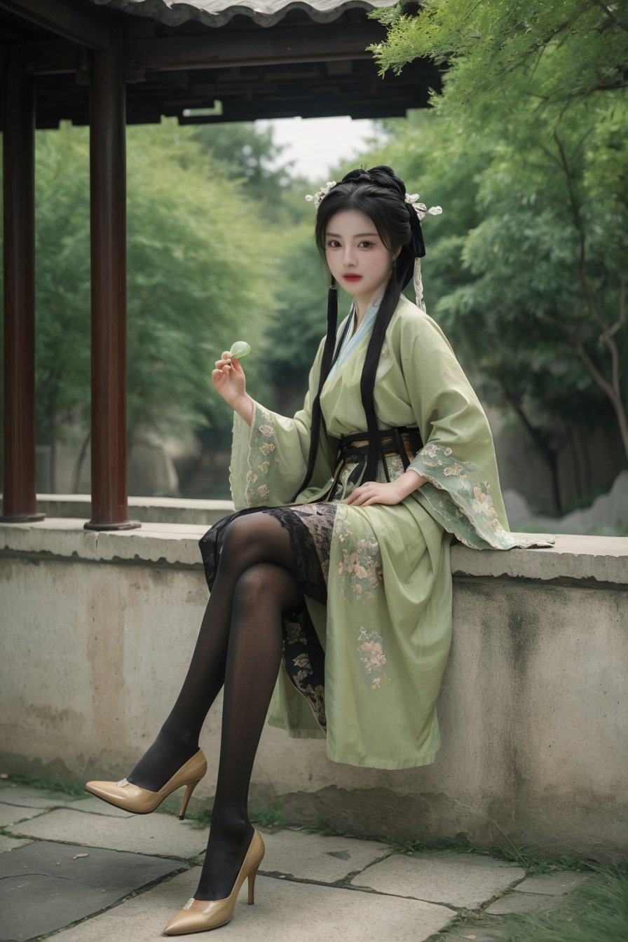 (black_pantyhose:1.6),high_heels,(presenting legs:1.3),looking at viewer,smile,(sitting:1.2),(long legs:1.2),(full body:1.3),(hanfu,chinese traditional clothes:1.2),<lora:yuanlin_muggle:0.4>,yuanlin muggle,<lora:S-shape body:0.8>,, masterpiece, best quality,