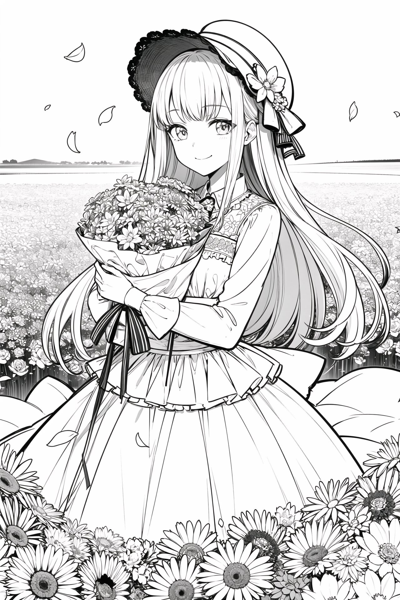 masterpiece, best quality, 1girl, solo, long_hair, looking_at_viewer, smile, bangs, skirt, shirt, long_sleeves, hat, dress, bow, holding, closed_mouth, flower, frills, hair_flower, petals, bouquet, holding_flower, center_frills, bonnet, holding_bouquet, flower field, flower field, lineart, monochrome, <lora:animeoutlineV4_16:1>