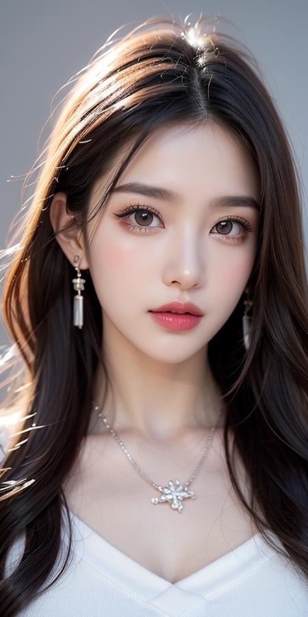 Canon RF85mm f/1.2,best quality,portrait,1 girl,(korean mixed,kpop idol:1.2),(long_brown_wavy_hair),(lipstick,pink lips,pink_shiny_lips,pinkeyeshadow,eyelashes,powder blusher,make-up),white_shiny_skin,black eyes,necklace,earrings,shiny,Pore,skin texture,bracelet,big breasts,grey background,