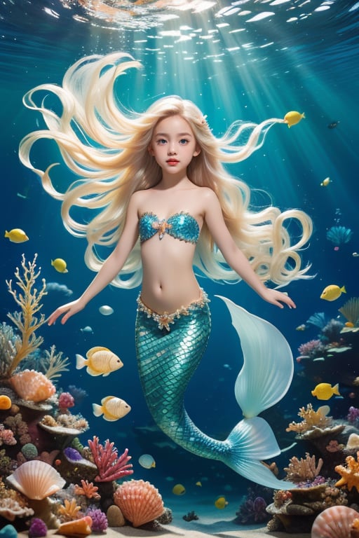 5 year old girl,mermaid,long hair,monster girl,shell,underwater,navel,solo,sunlight,light rays,coral,starfish,blonde hair,bare shoulders,red lips,looking at viewer,floating hair,seashell,sunbeam,air bubble,full body,bubble,flower,shell bikini,collarbone,parted lips,watermark,blue eyes,lips,pearl (gemstone),scales,very long hair,water,rock,stomach,gem,makeup,fish,small breasts,strapless,<lora:MEIRENYU_20240421220339:0.8>,