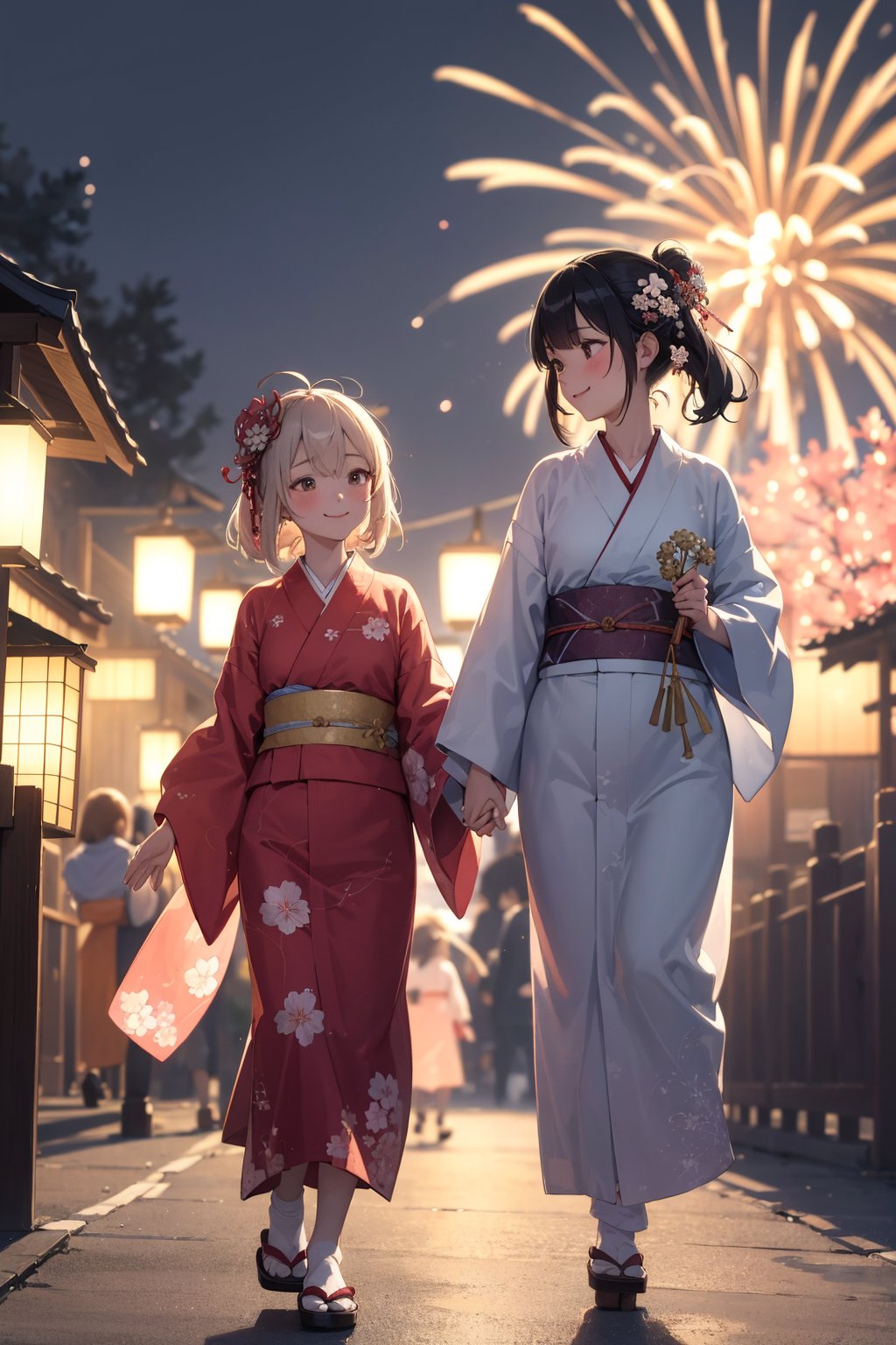 ((masterpiece)), ((best quality)), 8k, soft lighting, warm lighting, absurdres,Portrait of cute (2girls) wearing beautiful ornately detailed yukatas clothing walking together side by side in a Japanese festival at night smiling with fireworks in the sky