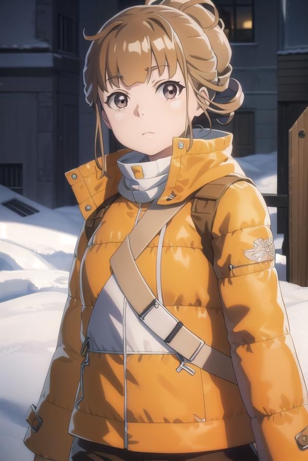 hinatamiyake, <lora:hinata miyake s1-lora-nochekaiser:1>,hinata miyake, short hair, brown hair, (brown eyes:1.5),BREAK jacket, helmet, orange jacket, orange helmet,BREAK outdoors, snow, ice, snowflake,BREAK looking at viewer,BREAK <lyco:GoodHands-beta2:1>, (masterpiece:1.2), best quality, high resolution, unity 8k wallpaper, (illustration:0.8), (beautiful detailed eyes:1.6), extremely detailed face, perfect lighting, extremely detailed CG, (perfect hands, perfect anatomy),