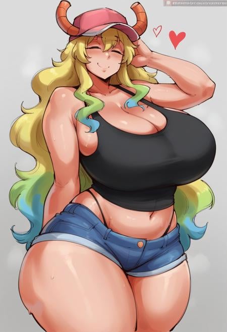 1girl, female, solo, huge breasts, thick thighs, wide hips, huge ass, seducing viewer, horny, seductive, Lucoa, horns, pink cap, black tank top, denim shorts, eyes closed, hearts, smile, paranoiddroid style BREAK score_9, score_8_up, score_7_up, rating_safe <lora:paranoiddroid:0.7>