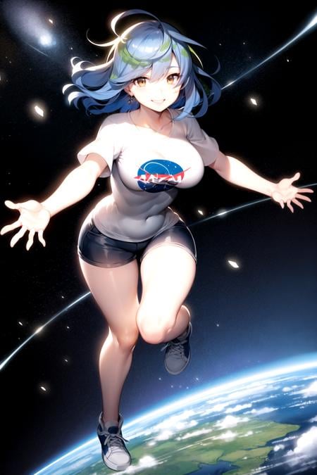 2d, masterpiece, best quality, anime, highly detailed face, highly detailed eyes, highly detailed background, perfect lighting, full body, 1girl, solo, earth-chan, brown eyes, t-shirt, large breasts, space, seductive smile, outstretched arms <lora:earth-chan-10:1>