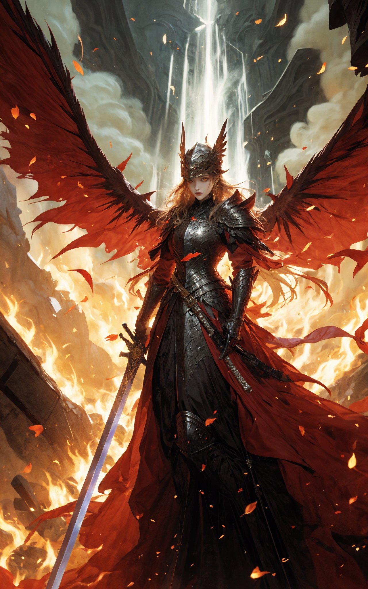 1girl，solo，jewelry，earrings，helmet，holding weapon，holding sword，Malenia in Elden Ring, dragon scale hat, in the style of epic fantasy scenes, gold and crimson,golden helmet,ritualistic masks with gold wings spread on it, mythical,Petals drift around her as her once-pristine form undergoes a graceful decay,glowing crimson eyes,in the underground cave with light shooting through the hole on the top,32k uhd,   painted by MichaelCTY(Chang Ting Yu),medieval knight armor,in the style of Dark SoulⅢ,painted by hamaya and macros,dark fantasy,majestic attire,captivating light,solarizing master,strong emotional impact,majestic figures，<lora:绪儿-女武神 winged helmet:0.8>