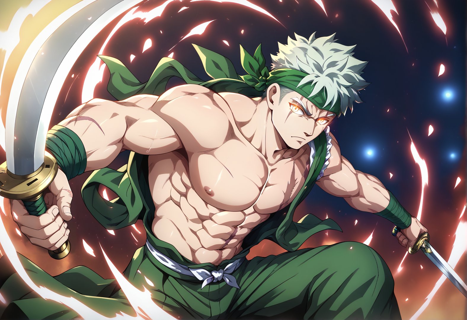 score_9, score_8_up, score_7_up, 1boy, male focus, roronoa zoro, solo, glowing, weapon, green hair, sword, topless male, glowing eye, glowing eyes, scar, muscular, eye trail, scar across eye, japanese clothes, light trail, holding weapon, holding, bandana