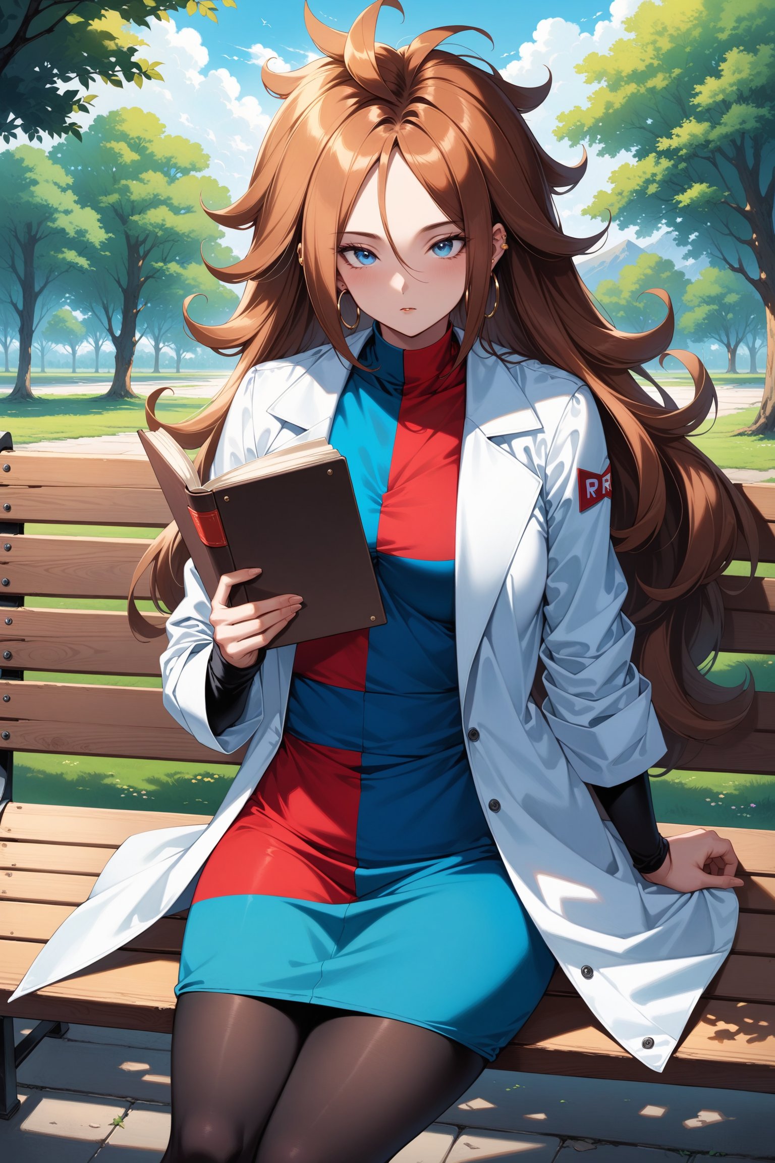 (masterpiece, best quality, very aesthetic, ultra detailed), intricate details, aaandro, brown hair, long hair, curly hair, blue eyes, hoop earrings, two-tone dress, checkered dress, white coat, labcoat, long sleeves, black pantyhose, <lora:android_21_XL_v1:0.9>, outdoors, bench, sitting, book, holding book