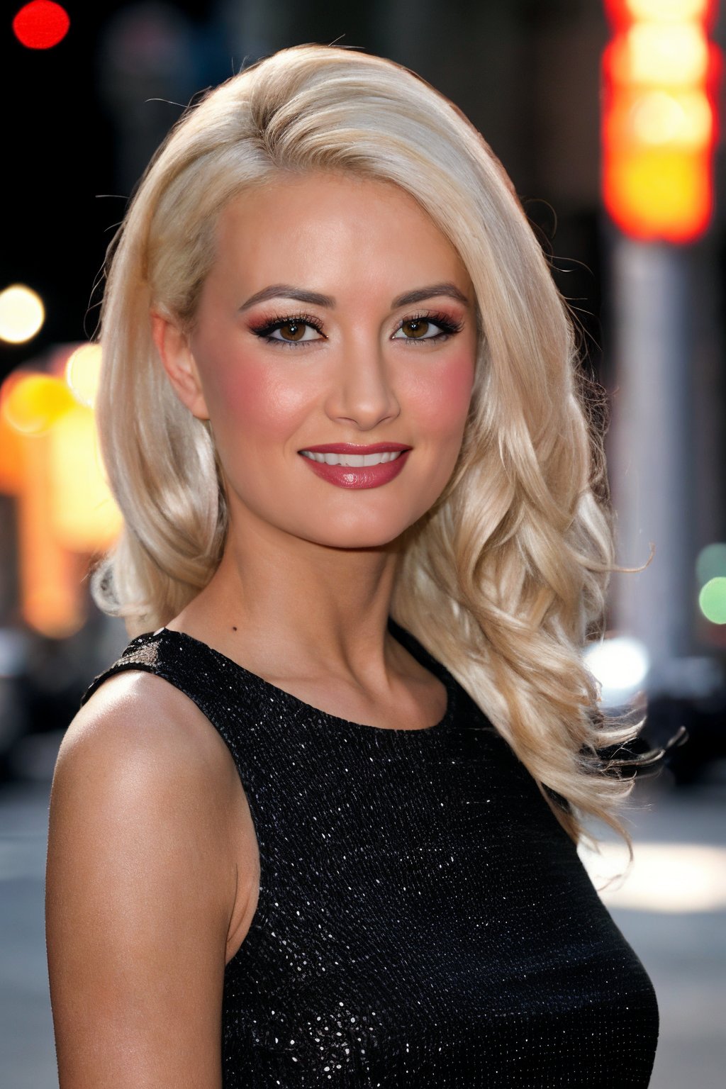 <lora:Holly_Madison_Lora:0.85>, photo of h0llymdsn, smile, cowboy shot, posing, vintage photo, black dress, Century Camera Co. Studio, 160mm f/8, 1/10s, ISO 25, film grain, on Broadway street, night, happy, epiCRealism, epiCPhoto 