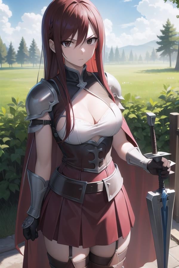 erzascarlet, <lora:erza scarlet v2-lora-nochekaiser:1>,erza scarlet, long hair, (red hair:1.5), hair between eyes, (brown eyes:1.7),BREAK skirt, thighhighs, cleavage, boots, belt, sword, cape, armor, gauntlets, armored boots, greaves, knight,BREAK outdoors, forest, nature, sky, sun, clouds, trees, grass,BREAK looking at viewer,BREAK <lyco:GoodHands-beta2:1>, (masterpiece:1.2), best quality, high resolution, unity 8k wallpaper, (illustration:0.8), (beautiful detailed eyes:1.6), extremely detailed face, perfect lighting, extremely detailed CG, (perfect hands, perfect anatomy),