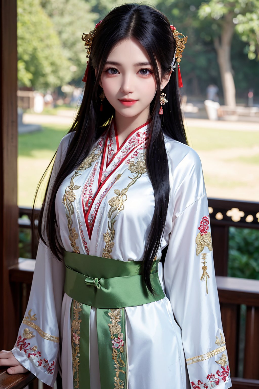 1girl, solo, looking at viewer, (black long straight hair:1.2), big eyes, slim body, arms at sides, smile, (Extremely detailed chinese long embroidery silk robe:1.2), earrings, hairpin, necklace, architecture, east asian, riverside, forest,