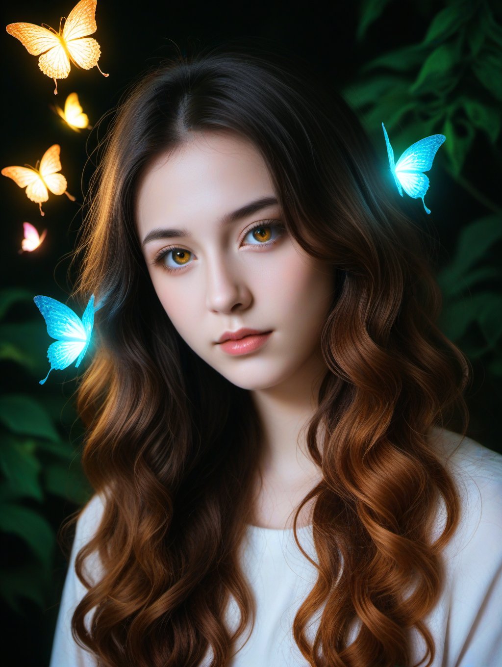 dark surrounding, low light, nighttime setting, realistic shadows, ethereal, flowing hair illuminated by glowing butterflies, vibrant colors, dreamlike atmosphere, captivating expression, magical forest background, fiery glow, enchanted lighting, expressive eyes reflecting the glowing light, soft, ethereal glow around the figure, delicate and detailed facial features, golden light, intricate patterns in the background