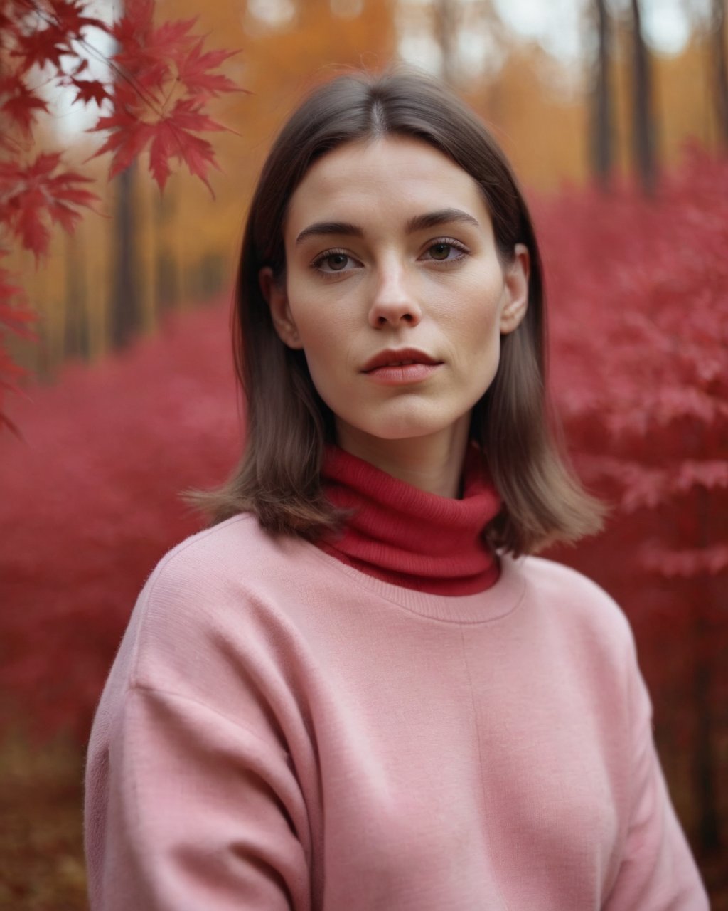 <lora:SDXLpsp:1> bad quality image,  Elegant Minimalistic Photography, 1990s, (perfect) Model wearing a pink jumper, Red Autumn Forest Background, Natural Lighting, chaos, minimalist, close-up portrait photo, (shot on Portra 400).