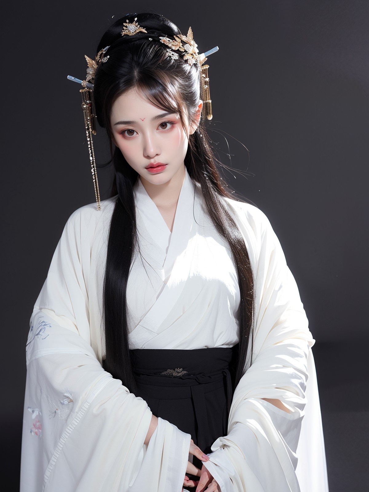 hanfu,1girl,black hair,solo,black eyes,long sleeves,parted lips,upper body,looking down,lips,hair ornament,long hair,white shirt,sleeves past wrists,paper,ink,black background,shirt,wide sleeves,red lips,bangs,realistic,