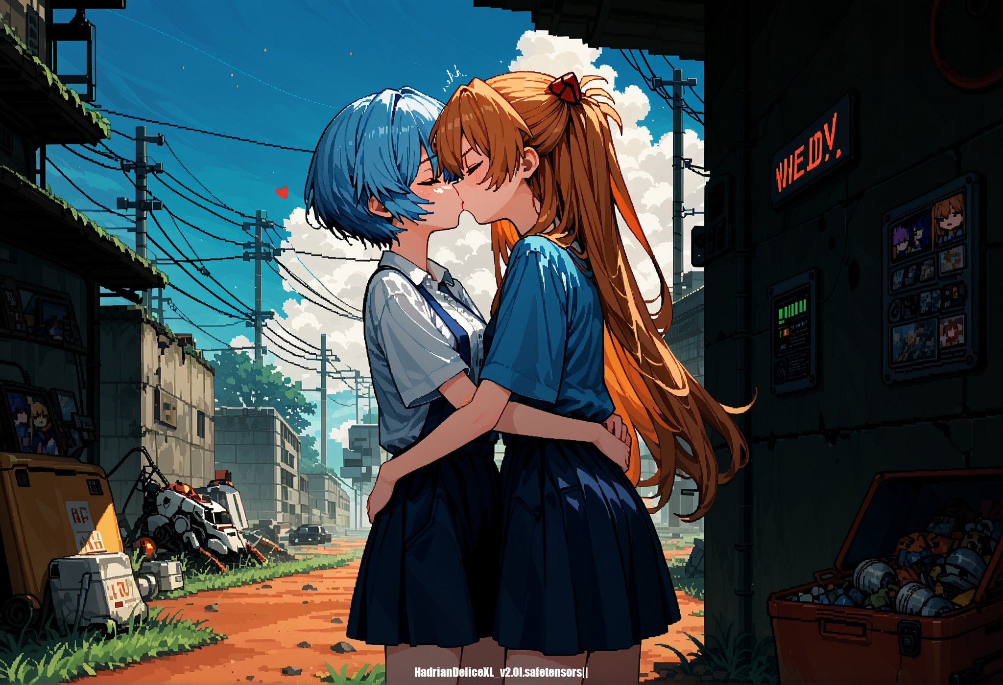 ,, ,, score_8,(User Interface of Action game:1.3), english text,dots game, pixel art, cowboy shot, sound effects,button prompt, 2d dynamic lighting,souryuu asuka langley and ayanami rei, 2girls,multiple girls,post-apocalypse, destroyed city,wasteland, neon genesis evangelion,yuri,kiss,