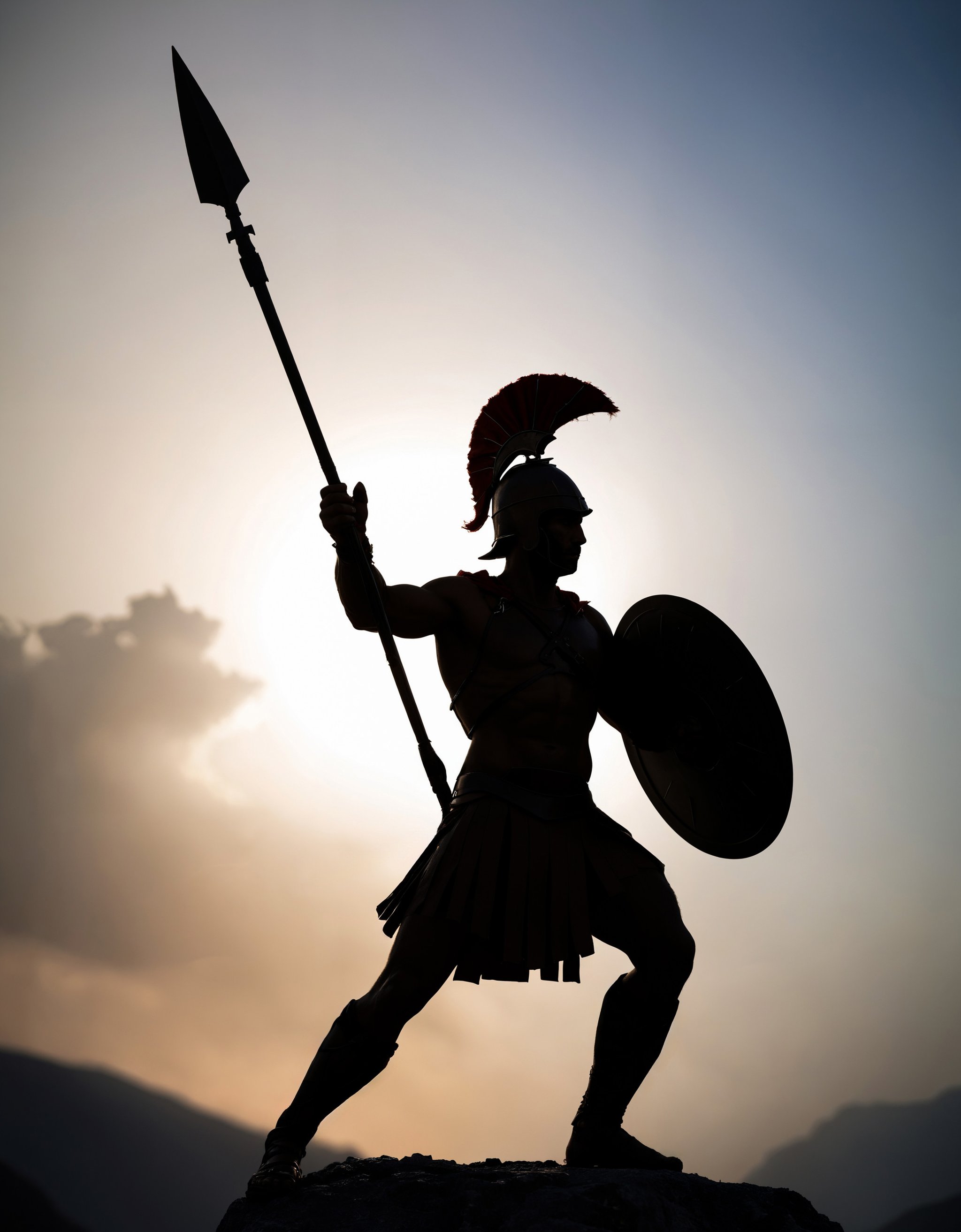 zavy-slhtt, silhouette of a hoplite defending the pass of thermopylae, greek hoplite, ancient greek infantry, action pose, 100mm f/2.8 macro lens,