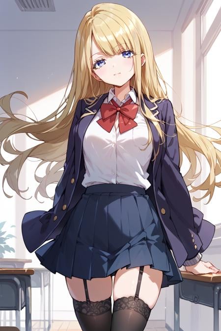 score_9, score_8_up, score_7_up, score_6_up, 1girl, <lora:Neo:0.9> neo, solo, thighhighs, blonde hair, skirt, school uniform, long hair, jacket, black thighhighs, blue eyes, garter straps, blazer, pleated skirt, red bow tie,