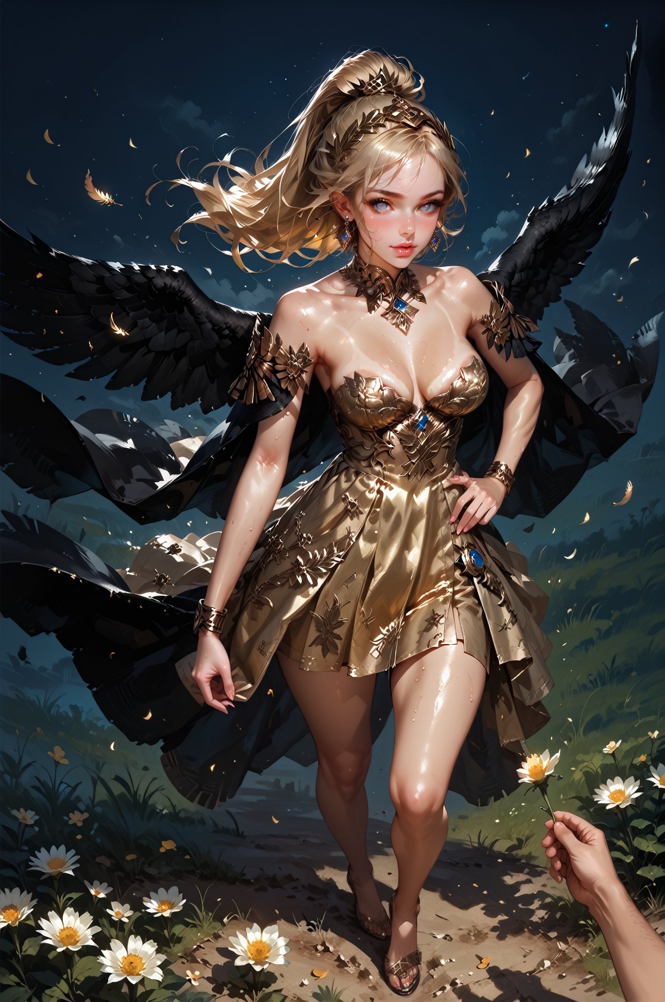 score_9, score_8_up, score_7_up, score_6_up, 1girl,valkyrie girl, black cape, black wings, floating feathers,  ((huge saggy breast)), one hand on hip, one hand behind head, ((ruffling hair with one hand)), regal, ((high angle shot, pov from above)),  ((on a field of golden flowers)), floating flower petals, shiny skin, sweaty, blush, beautiful face, gold dress, glittery dress, blonde hair, gold winged headpiece, ponytail, tan lines, air of superiority, dark background, light rays, ((limited color palette, black and gold theme):1.4), ((at night, dark, night time)), long hair, <lora:LOAlut3rr4b411XL:0.7>, LOAlut3rr4b411XL, minidress, strapless,  earrings, <lora:hand 4:0.3> , <lora:sinfully_stylish_SDKL:0.5> <lora:Fant5yP0ny:0.25> <lora:Concept Art DarkSide Style LoRA_Pony XL v6:0.8> concept art, realistic, dark theme, low light, 