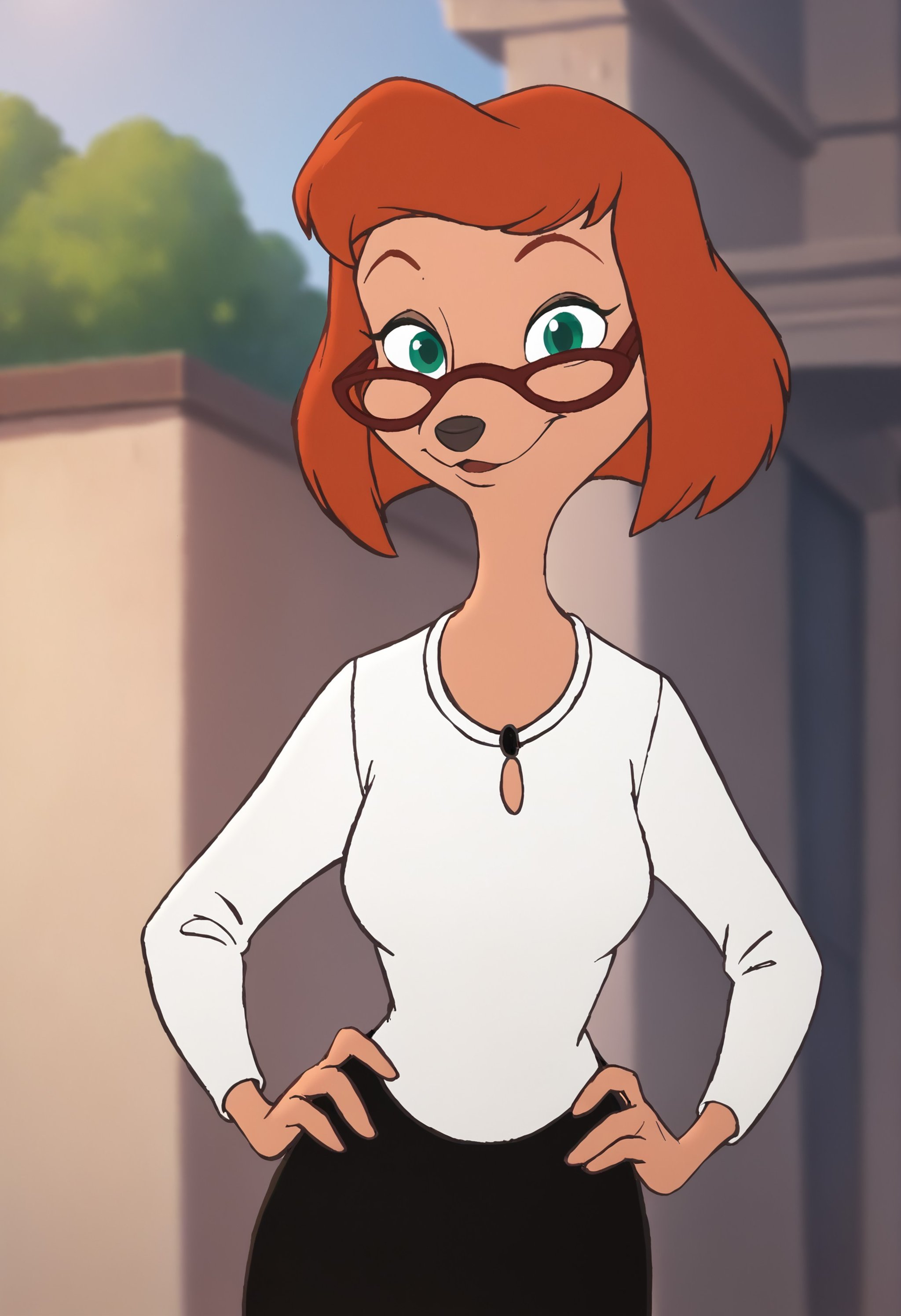 sylvia, 1girl, solo, orange hair, short hair, green eyes, furry female, glasses, smile, white shirt, black skirt,necklace,  looking at viewer, hand on own hip, cowboy shot,, score_9, score_8_up, score_7_up, score_6_up, score_5_up, score_4_up <lora:SylviaMarpolePony1.0:1>