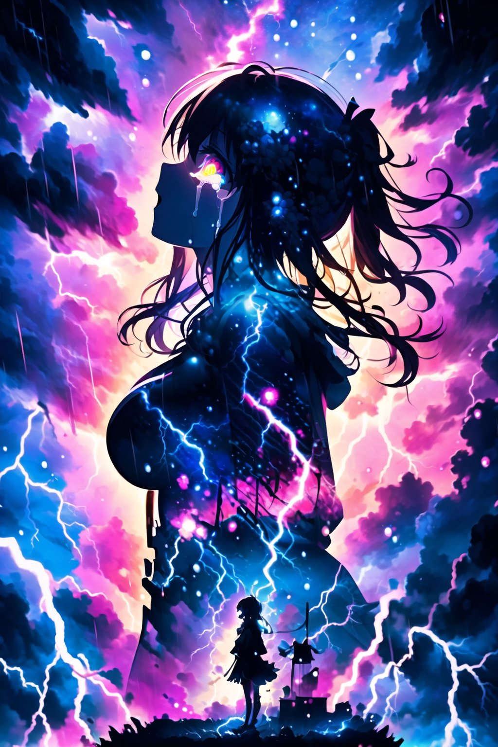 masterpiece, best quality, (silhouette:1.2), glowing eyes, floating hair, profile, simple background, big breasts, tears, (lightning:1.1), rain, <lora:silhouette-000012:0.9> 