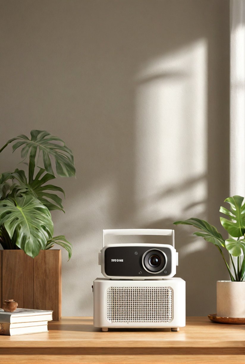 Product home scene,a silver projector placed on a wooden cabinet,plants,wall painting,sunlight exposure,books,natural lighting,product photography. Blurred foreground,3D rendering,modern home style,realistic rendering,still life composition.<lora:aki-3c数码-000008:0.6>,