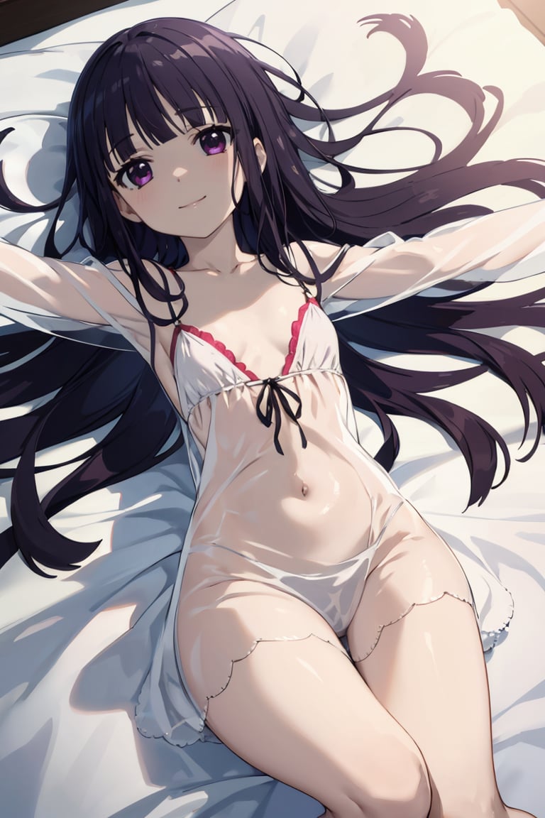 masterpiece, best quality, ultra-detailed, glistening shiny, glowing light, ray tracing, HDR, deph of field, (perfect face, detailed face), <lora:ShirakiinRirichiyo:0.7>, ririchiyo, black hair, long hair, flat chest, smile, negligee, panties, lying, outstretched arms