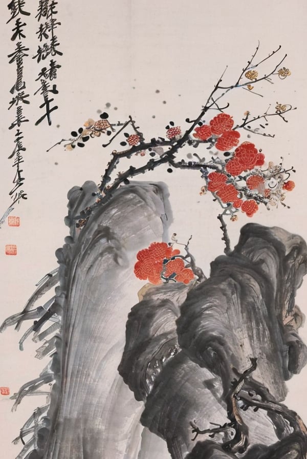 branch,chinese text,cnwchs,flower,leaf,monochrome,no humans,painting \\(medium\\),red flower,rock,traditional media,vase,white background,<lora:SD1.5_CNWCHS.1.0-000008:1>,