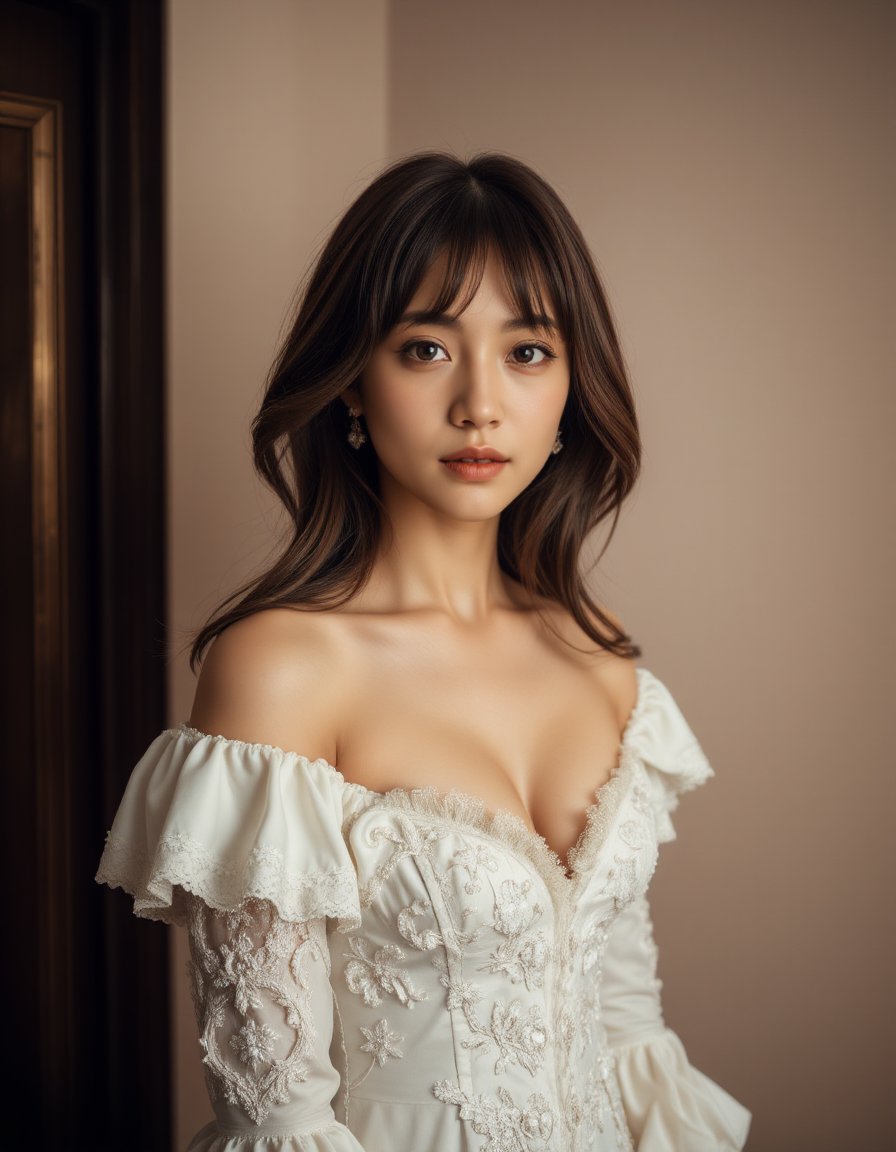 A best quality, masterpiece, ultra sharp photographic, raw photo of a girl dressed in an ornate white off-shoulder Rococo gown, embodying the elegance of 19th-century fashion. Her long brown hair flows gracefully over her shoulders, framing her shy face as she looks directly at the camera with a gentle, demure expression. The photo captures her at eye level, highlighting her delicate features and the subtle hint of cleavage visible through the intricate detailing of her gown. The setting is simple, with a clean background that keeps the focus on her. The shot is taken from a middle distance using a long-range lens, creating a professional cinematic feel with soft shadows and a subtle bokeh effect that blurs the background beautifully. Far side key lighting casts a soft, even glow on her, enhancing the balanced contrast and exposure, making every detail of her outfit and expression stand out. The overall composition exudes a timeless elegance, with the photograph perfectly capturing the blend of historical style and modern photography techniques,  <lora:hinaFluxAsianMixLora-schnell_v2:0.9>