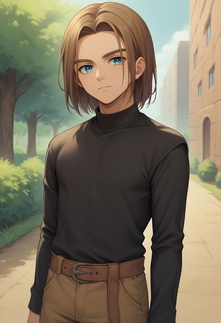 score_9, score_8_up, score_7_up, source_anime, highly detailed, 1boy, solo, male_focus, half body,hero, solo, 1boy, male focus, brown hair, blue eyes, shirt, black shirt, long sleeves, pants, long hairs,outdoor, 