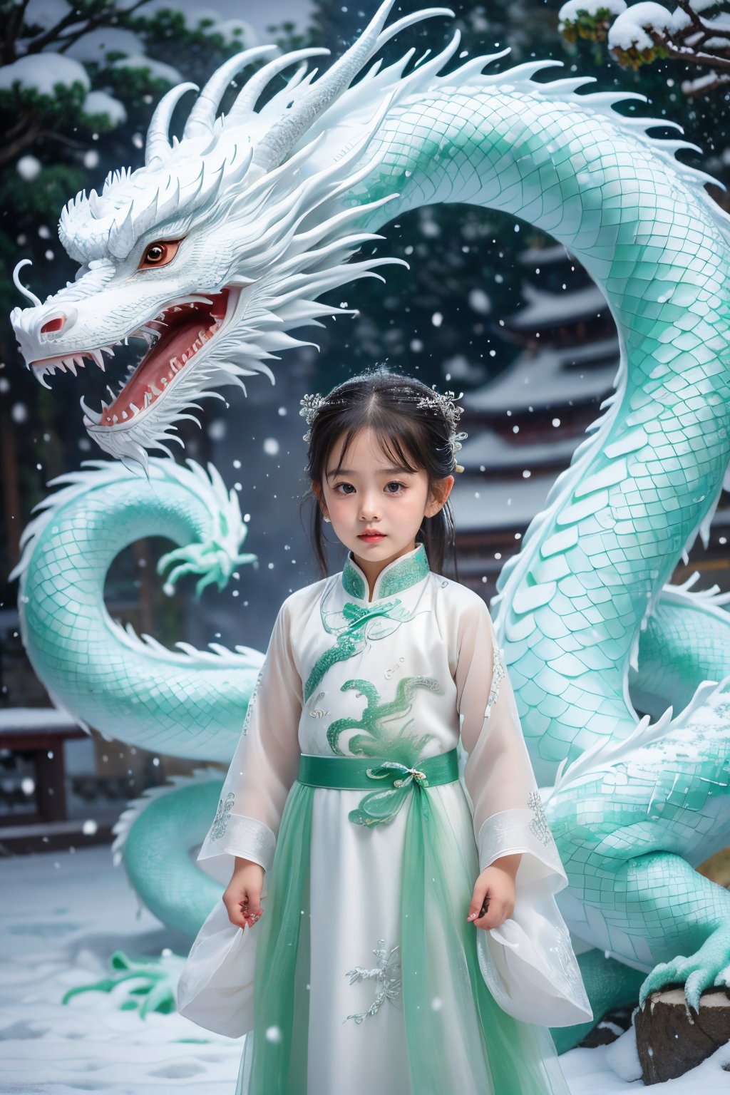 <lora:LONG_20240502203545:0.8>,A five-year-old girl,dragon,snow,eastern dragon,snowing,realistic,black hair,hair ornament,dress,chinese clothes,solo,see-through,lips,long sleeves,