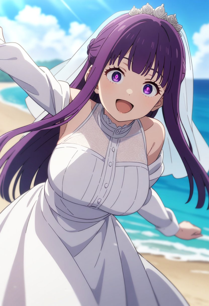 1girl, solo, fern \(sousou no frieren\), sousou no frieren, anime coloring,long hair, purple hair, purple eyes, braid, large breasts, white dress, wedding dress, open mouth, smile, veil, dynamic pose, beach,masterpiece, best quality, very aesthetic, absurdres,