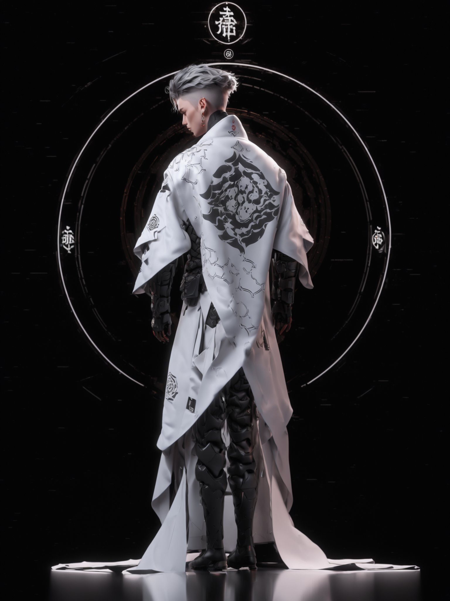 standing,((full body)),((full view)),Golden ratio figure, tall,a figure,white hair, standing against a dark background. The figure is adorned in a white robe with intricate black patterns and designs. The robe has a flowing design, and the figure's hair is styled in a unique manner, with a side-swept look. The figure's attire is complemented by a black belt and boots. In the background, there's a circular white design with a symbol inside it. The overall ambiance of the image is mysterious and ethereal, with the figure appearing to be in a contemplative or ceremonial pose<lora:Suotai-000006:1>