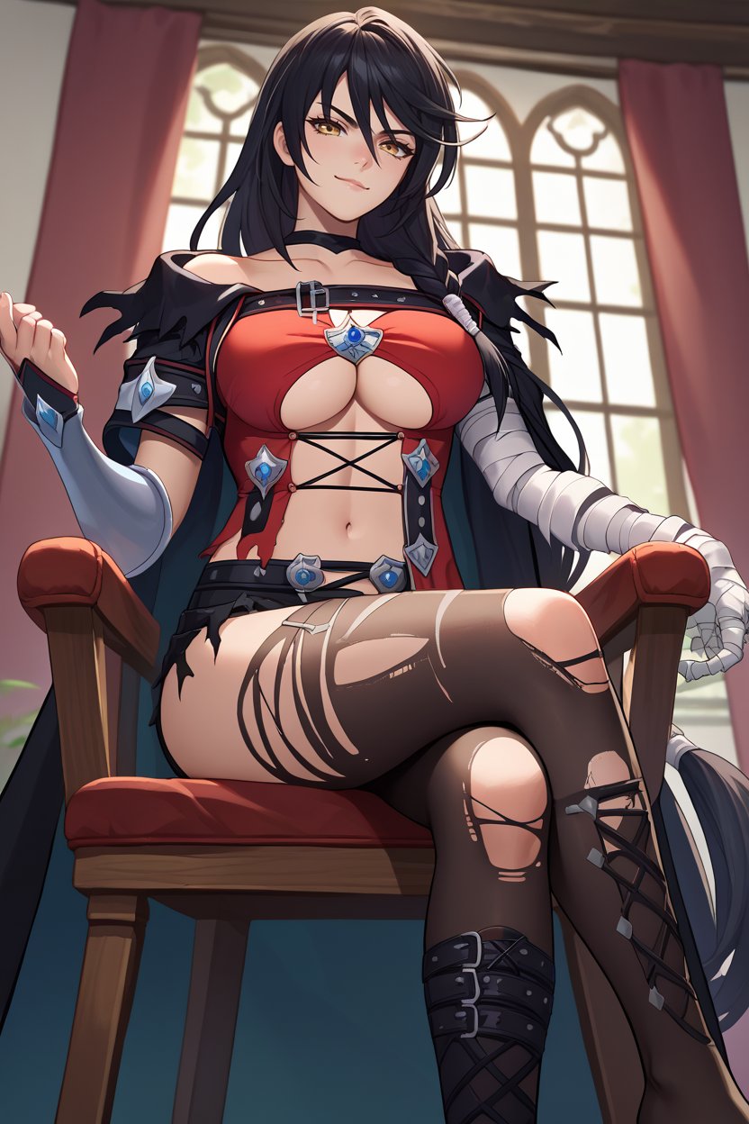 score_9, score_8_up, score_7_up, score_6_up, source_anime BREAK 1girl, solo  <lora:velvetcrowe-pdxl-nvwls-v1-000005:1> velvetcrowe, black hair, low-tied long hair, braid, black choker, black cloak, cross-laced shirt, underboob, harness, navel, torn clothes, black shorts, torn shorts, single gauntlet, bandaged arm, black thighhighs, large breasts, looking at you, sitting, crossed legs, chair, indoors, from below, smirk