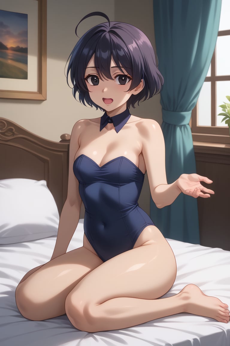 Highly detailed, High Quality, masterpiece, beautiful, BREAK 1girl, solo, (young woman, 16 years old), niki ookuma, short hair, black hair, ahoge, (black eyes:1.3), (detailed eyes, perfect eyes, pupils), BREAK bare shoulders, collar, collarbone, detached collar,BREAK curtains, bed, Open window, sunriseBREAK sitting in bed, looking_at_viewer, open_mouth, full_body, Motion Blur, side_view<lora:EMS-409892-EMS:0.800000>, <lora:EMS-397136-EMS:0.900000>