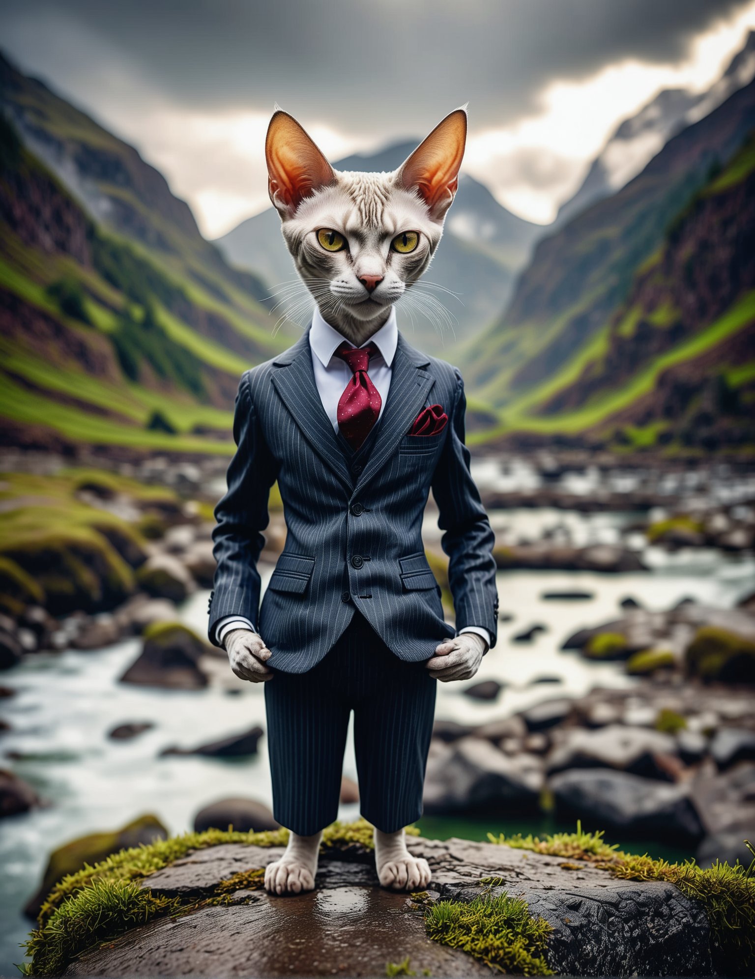 Wide angle photorealistic raw photography, (Solo figure in Classic Pinstripe Suit:1.3), Off-center composition, Standing pose, (Long-sleeved attire:1.2), sharp Foggy Scottish Highlands setting, Artistic whisker details, Casual yet captivating.<lora:Human Cat XL-09:1>(hmnzct Devon Rex:1.3),