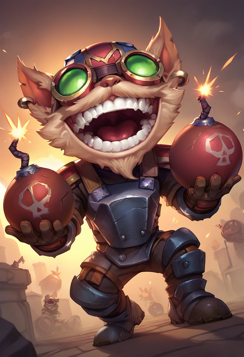 ,score_9, score_8_up, score_7_up, score_6_up,z1ggs, 1boy, male focus, yordle, teeth, grin, open mouth, explosive, holding bomb, bomb, grenade ,armor, goggles, helmet, gloves, brown gloves,  <lora:Ziggs_Default_v1:0.9>