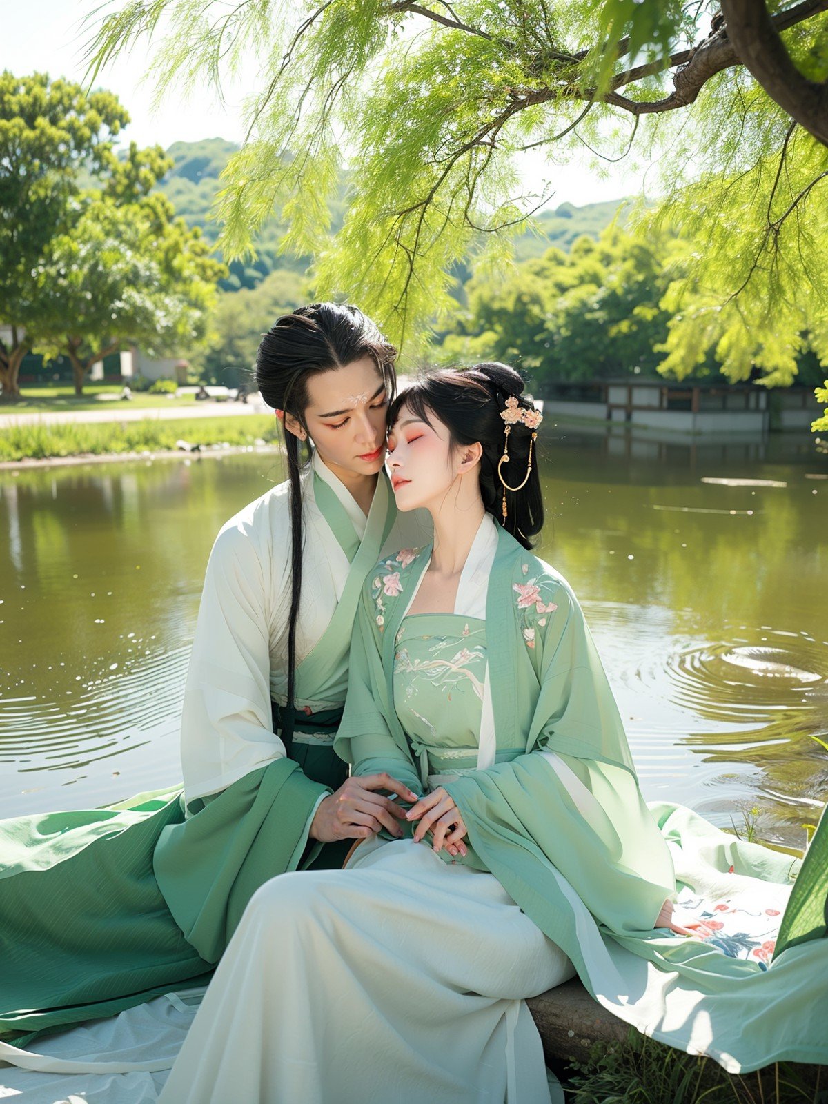 Willow trees lean over the stream,their branches swaying gently. The Hanfu maiden sits in the shade of the willows,her sleeves adorned with embroidered green willow leaves. A soft breeze rustles the branches,as if they whisper secrets. She closes her eyes,listening intently,her heart filled with tranquility.,