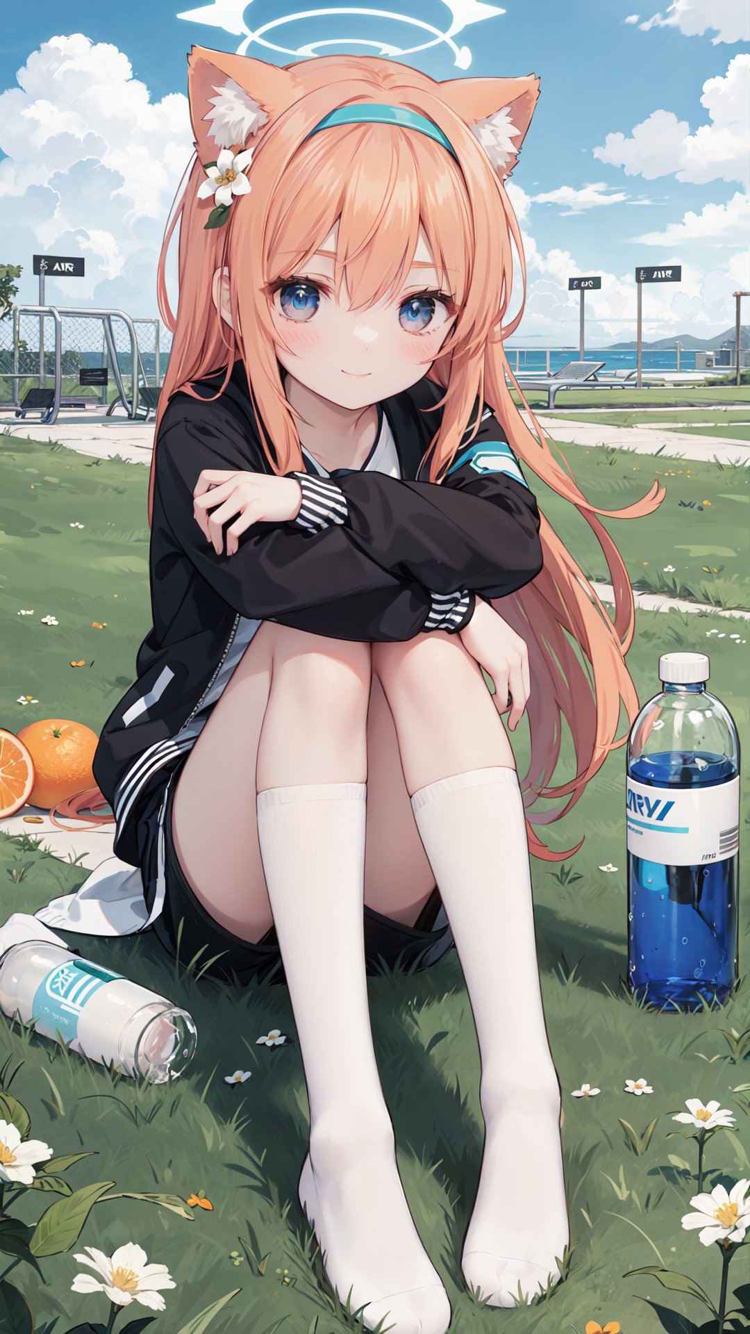 1girl,mari (blue archive),official alternate costume,animal ears,bottle,halo,water bottle,gym uniform,solo,flower,shorts,blue eyes,animal ear fluff,jacket,long hair,hair flower,hair ornament,socks,smile,holding bottle,sitting,white socks,blush,orange hair,looking at viewer,hairband,holding,gym shorts,track jacket,shoes,bangs,kneehighs,white hairband,hugging own legs,white flower,white shirt,closed mouth,shirt,black shorts,grass,headband,