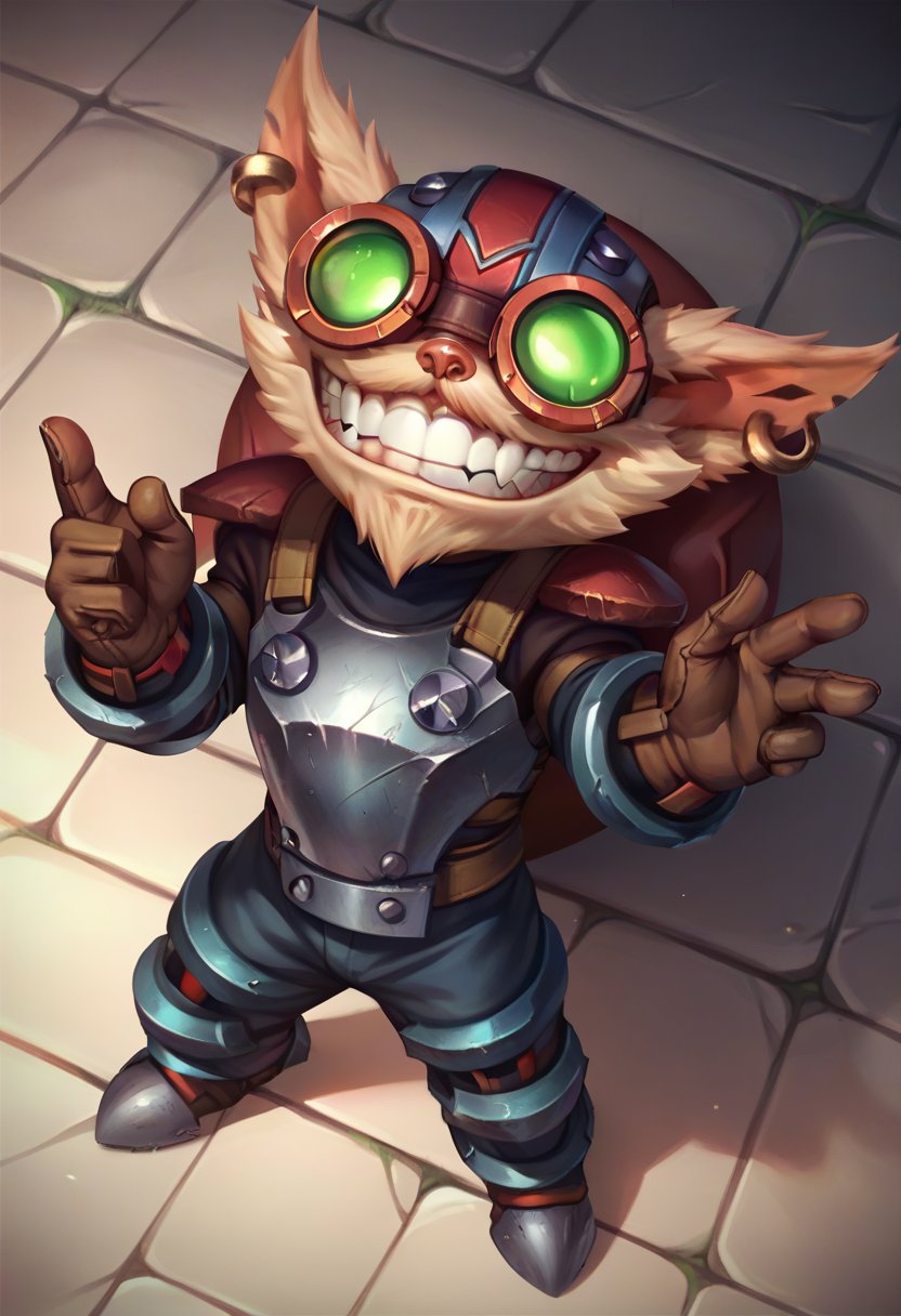 ,score_9, score_8_up, score_7_up, score_6_up,z1ggs, 1boy, male focus, yordle,armor, goggles, helmet, gloves, brown gloves,  <lora:Ziggs_Default_v1:0.9>, from above