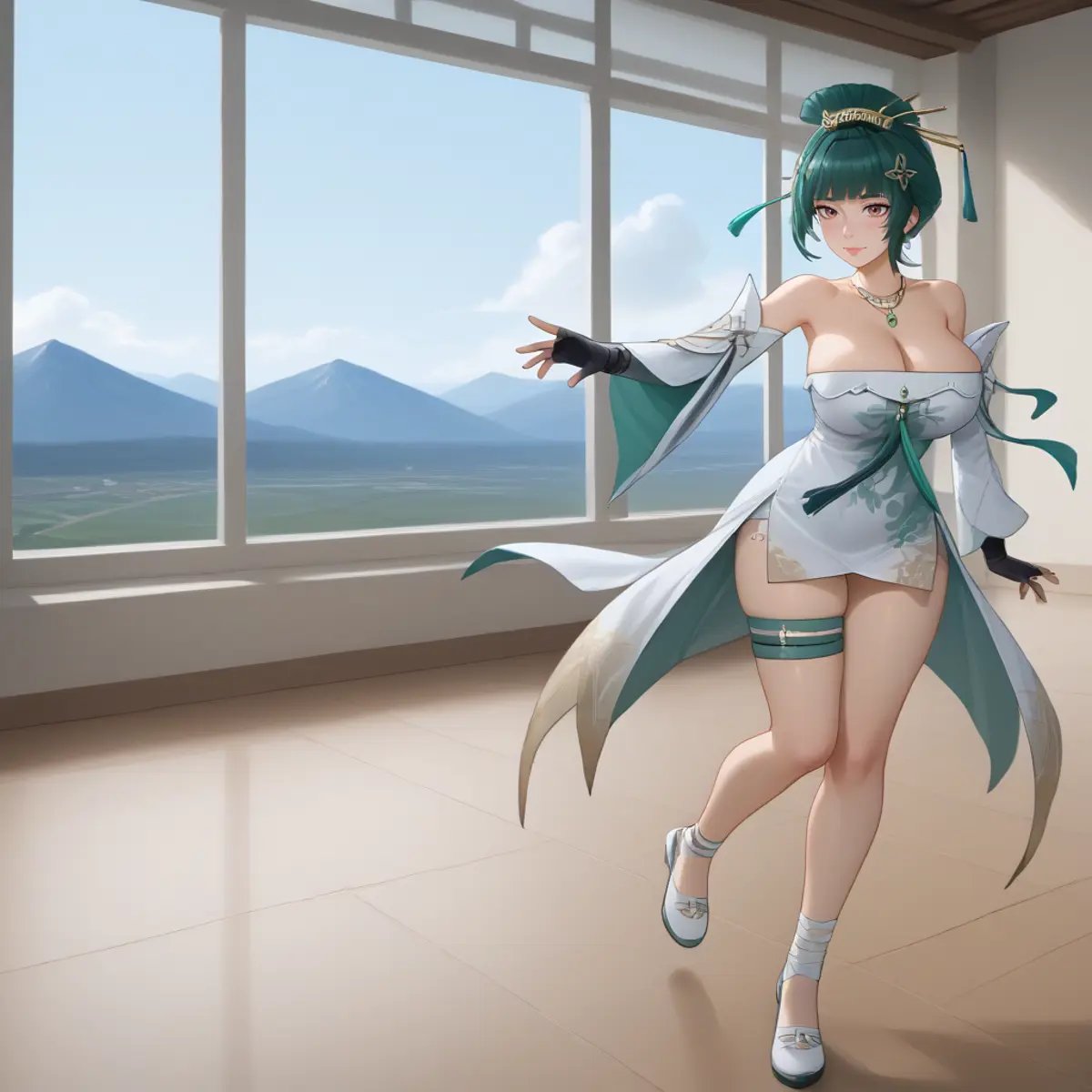 1girl, solo, Hanying, green hair, single hair bun, hair stick, hair ornament, necklace, strapless dress, white dress, cleavage, detached sleeves, fingerless gloves, high back kick , full body, thigh strap, skindentation, indoors, teahouse, window, mountains <lora:SDXL_Hyper:1> <lora:STFD_P:1> <lora:hanying-pdxl-nvwls-v1:1>