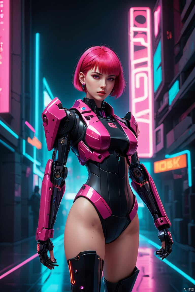 Anime Artwork Lucy (Cyberpunk),  Pink Short Hair,  Pink Eyes,  Red Lips,  (Front),  (Full Body),  Bodysuit,  Punk Stud Earrings,  Bossy,  Brave,  Key Visual,  Vibrant,  High Detail,  Illustration,  Short Straight Hair,  Futurism,  NFT Art,  Solid Color Background,  Robotic Arm,  Cartoon Coloring,  Tendal Effect. Non-Realistic Rendering Transparency,  Color Tilt,  Animation,  Blender Geometry Art,  Intrlligence 4k Image,  Epic,  Cinematic Effects,  Neon Cold Pounding,  Octane Rendering,  OC,  8k